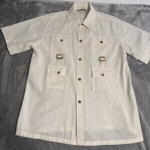 Malihini Mens Ivory 4 Pocket Safari Shirt S/Sleeve Camp Collar Vintage Hawaii XL
